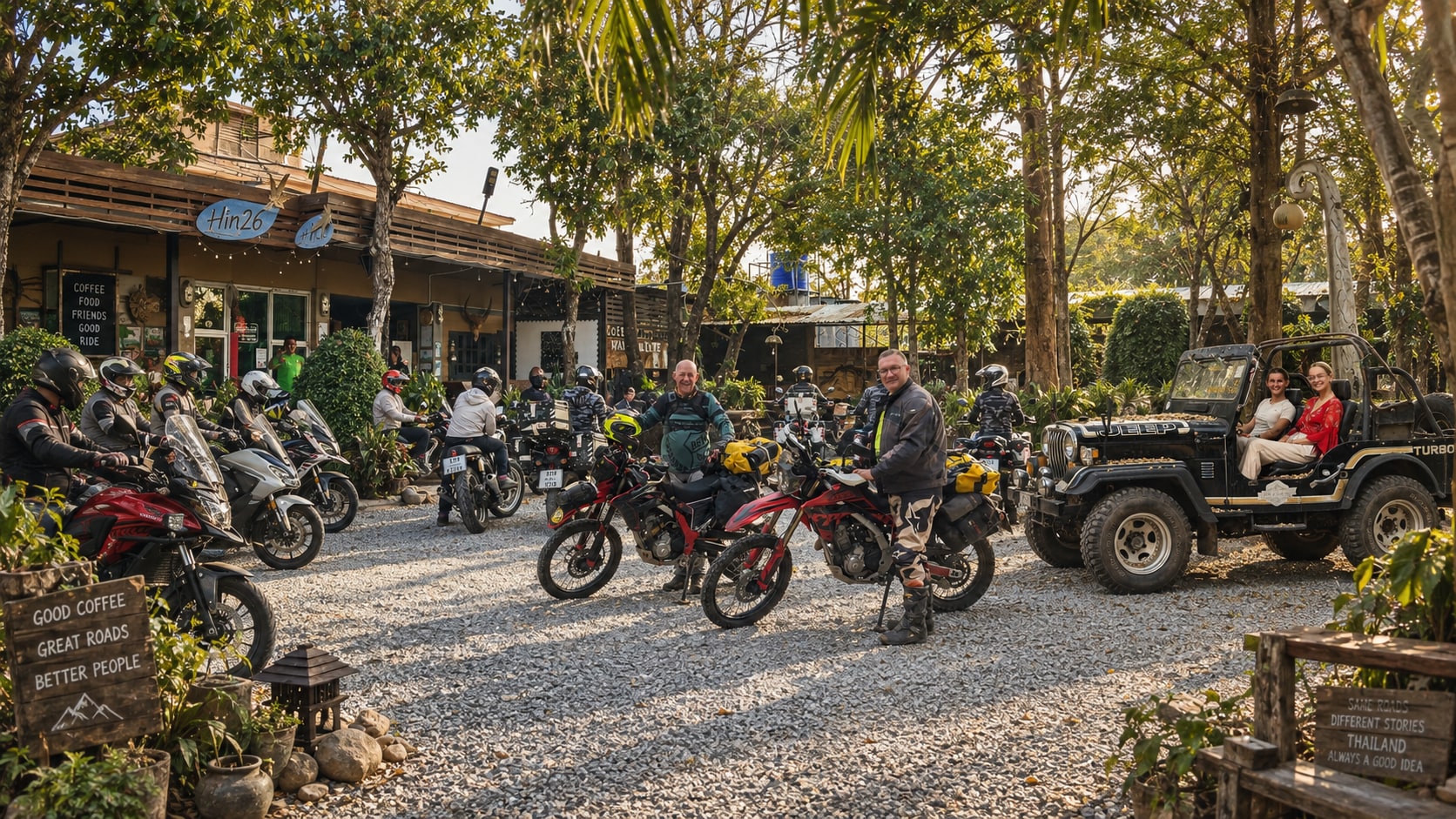 Adventure travelers, big bikes, and vintage jeep at Wang Nam Yen Hill courtyard