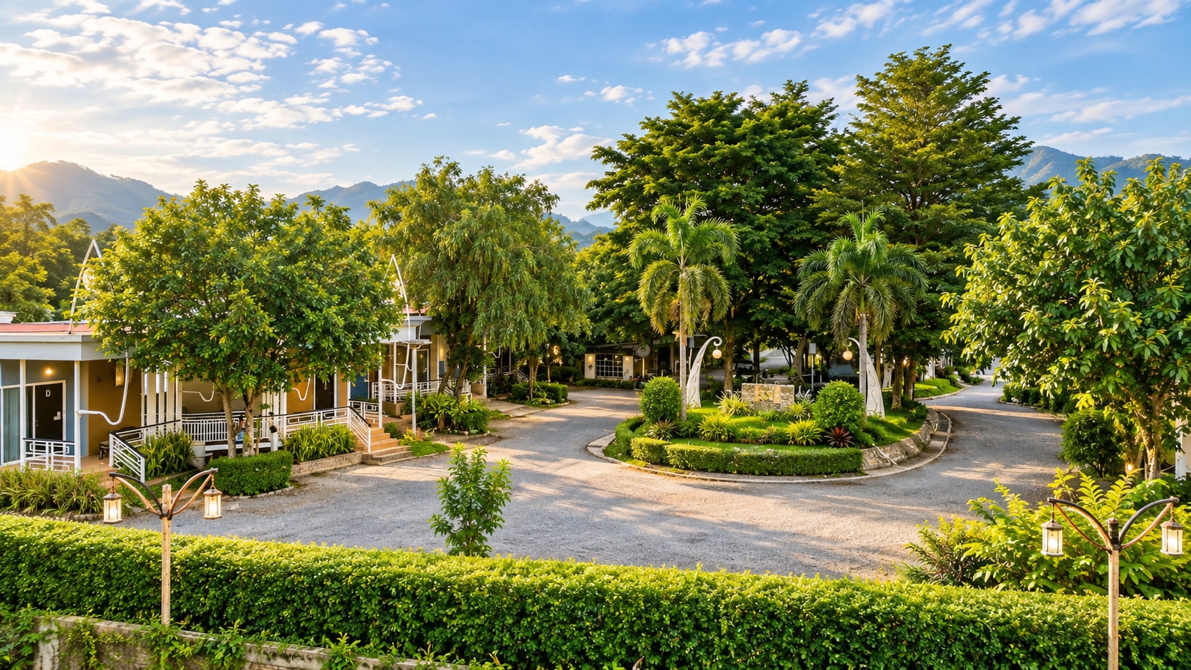 Panoramic view of Wang Nam Yen Hill grounds, private villas, garden sanctuary, and misty mountain foothills